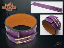 Hermes Fleuron Large Leather Bracelet Purple With Gold